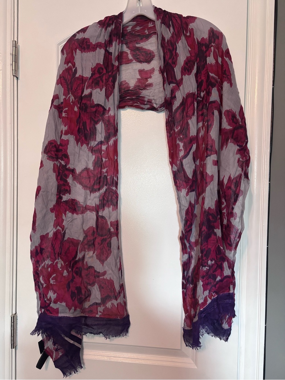100% Viscose Cejon Sheer Floral Scarf in Gray and Berry